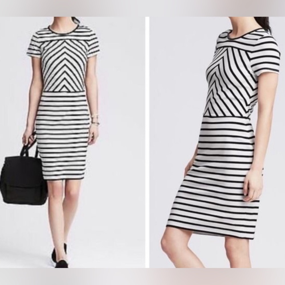 Striped Banana Republic Dress with Faux Leather-Trimmed Collar